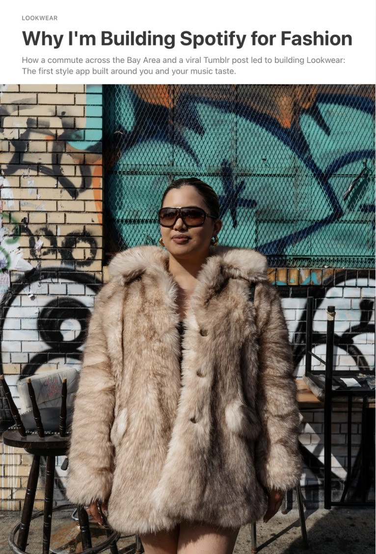Why I'm Building Spotify for Fashion, featuring Lookwear founder Jackie in front of a turquoise mural